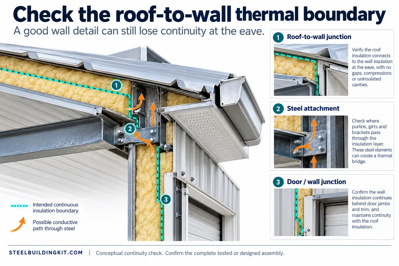 Metal building eave cutaway highlights roof-to-wall insulation, steel connections and a door junction.