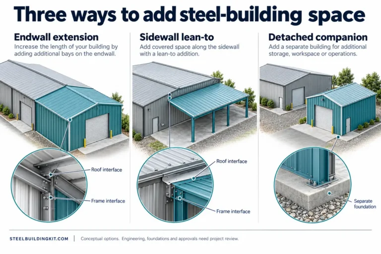 Metal building expansion endwall lean to detached.