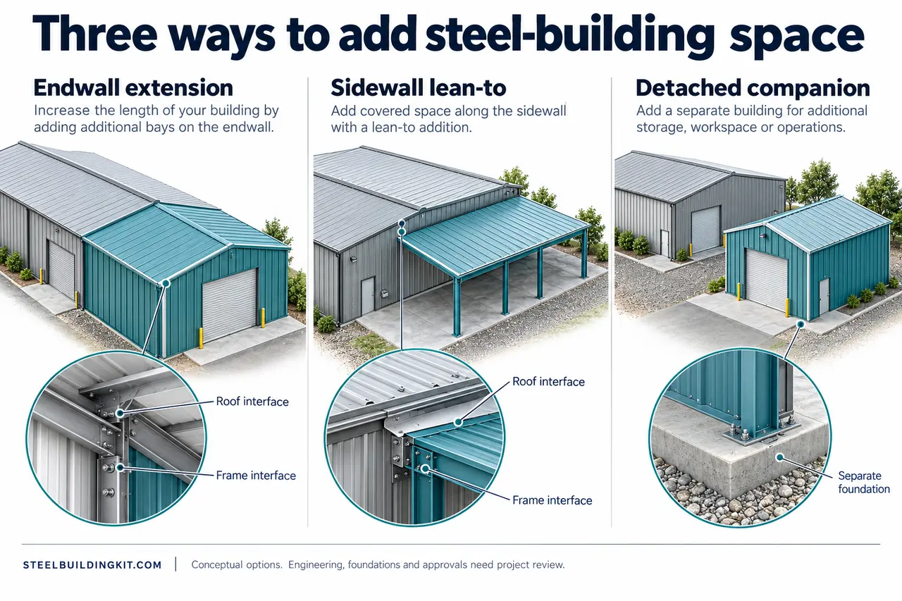 Metal building expansion endwall lean to detached.