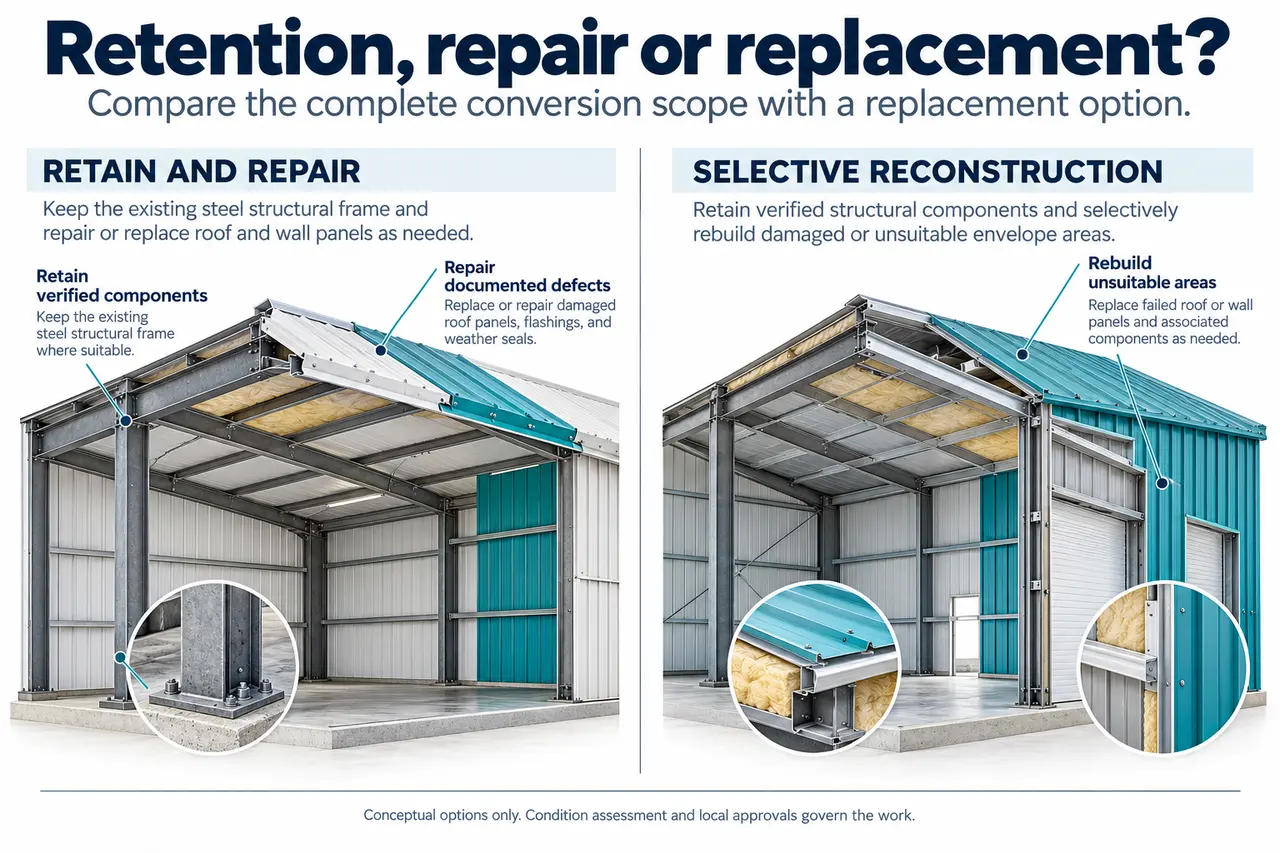 Converting a Metal Building Into a Home: Feasibility and Change of Use 2 Metal building home conversion retain repair rebuild.