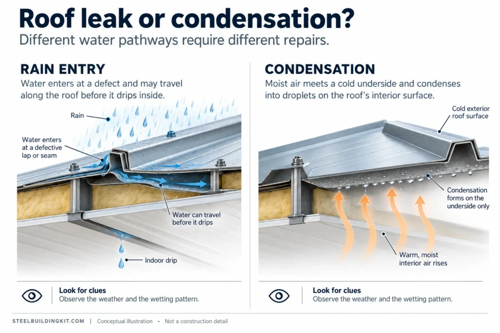 Metal Building Condensation: Diagnose Roof Sweat, Leaks and Moisture Sources 9 Steel roof cutaways compare rain entering a defective lap with condensation beneath a cold panel.