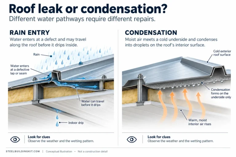 Steel roof cutaways compare rain entering a defective lap with condensation beneath a cold panel.
