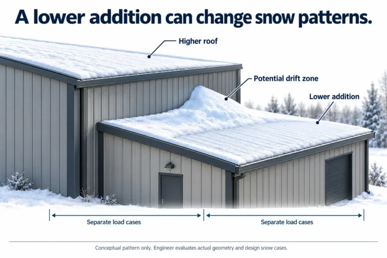 Metal building snow drift lower roof addition.