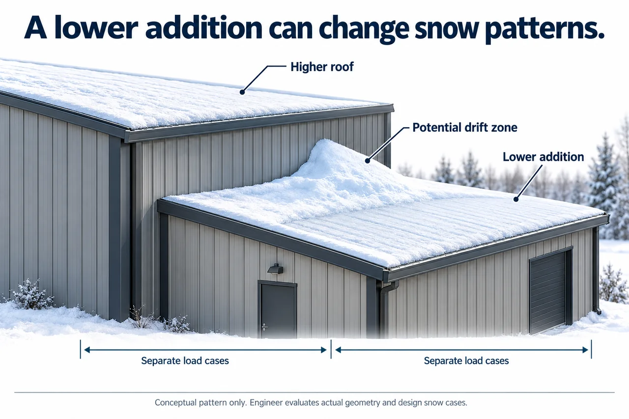 Metal Building Snow Loads: Ground vs Roof Snow, Drifts and Additions 1 Metal building snow drift lower roof addition.