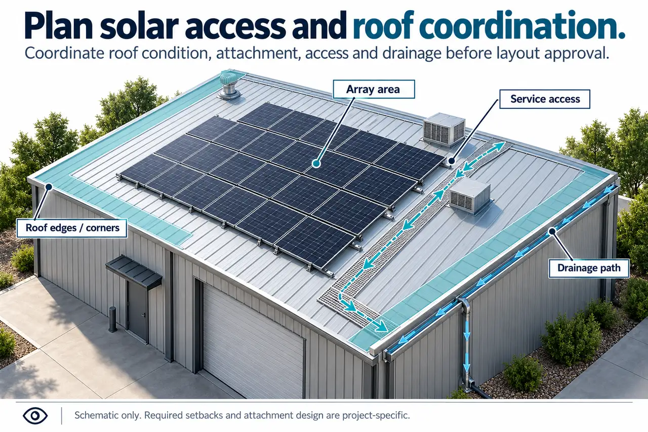 Metal building solar array access drainage layout.