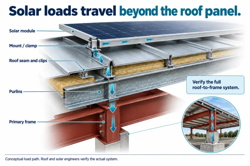 Metal Building Solar Panels: Roof Attachment, Loads and Coordination 8 Metal building solar roof attachment load path.