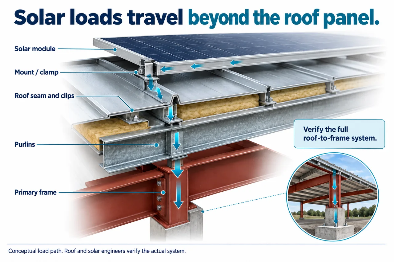 Metal building solar roof attachment load path.
