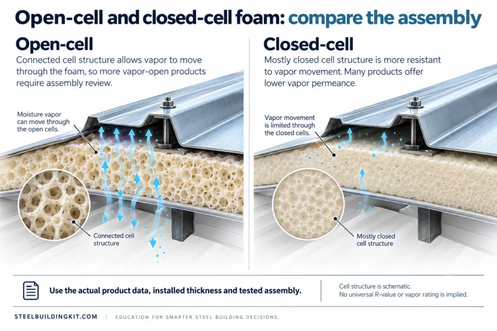 Spray Foam in a Metal Building: Open-Cell vs Closed-Cell and Assembly Risks 7 Comparison of schematic open-cell and closed-cell foam structure and vapor movement beneath a metal roof.