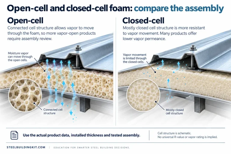 Comparison of schematic open-cell and closed-cell foam structure and vapor movement beneath a metal roof.