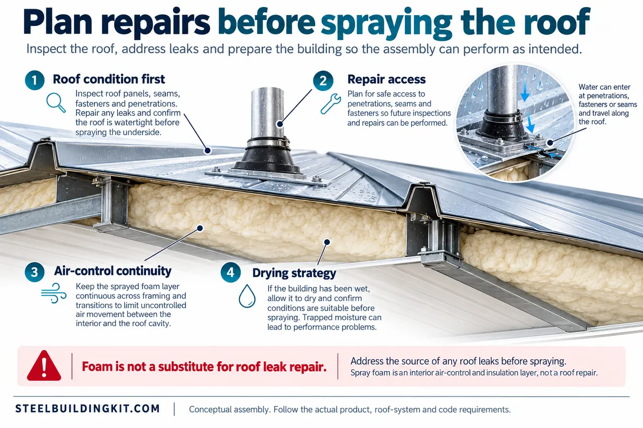 Spray Foam in a Metal Building: Open-Cell vs Closed-Cell and Assembly Risks 2 Roof cutaway locating inspection, leak repair, access and drying decisions before a foam retrofit.