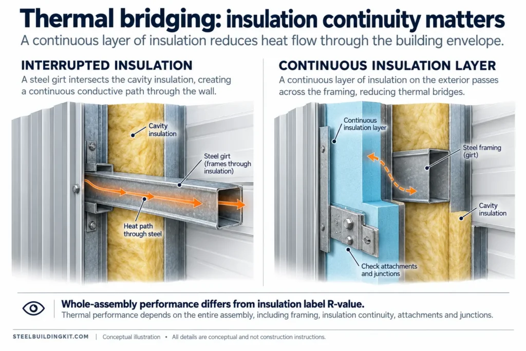 Thermal Bridging in Metal Buildings: Why Insulation R-Value Is Not Enough 2 Steel wall sections illustrate framing heat paths and an exterior continuous insulation layer.
