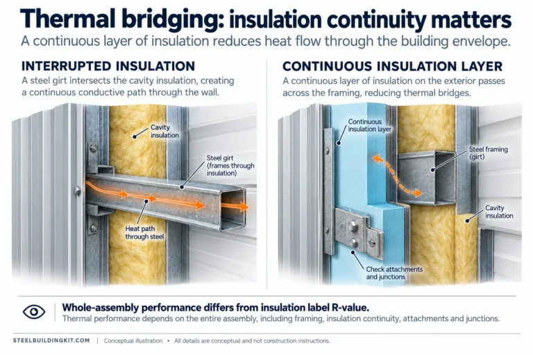 Steel wall sections illustrate framing heat paths and an exterior continuous insulation layer.