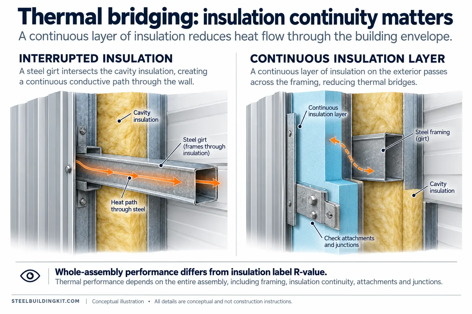 Steel wall sections illustrate framing heat paths and an exterior continuous insulation layer.