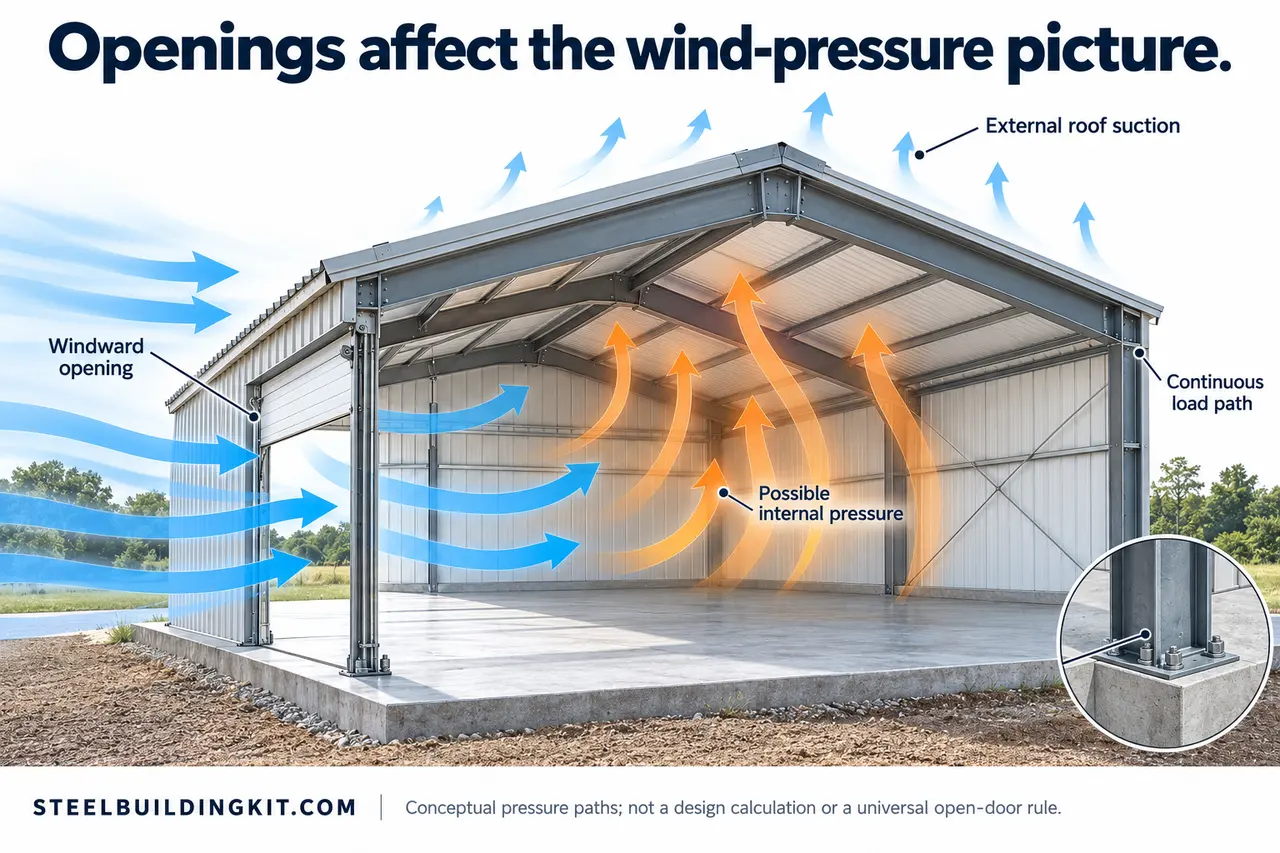 Metal Building Wind Ratings Explained: Speed, Exposure and Open Doors 2 Building cutaway showing possible internal pressure from a windward opening, external roof suction and a conceptual load path.