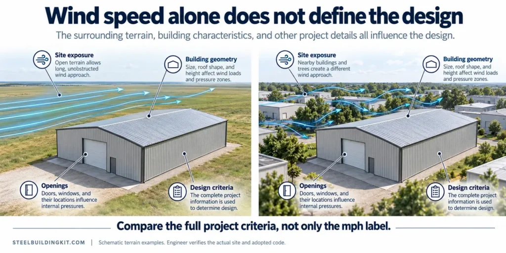 Metal Building Wind Ratings Explained: Speed, Exposure and Open Doors 9 Two similar metal buildings in open terrain and among surrounding obstructions with schematic wind approach arrows.