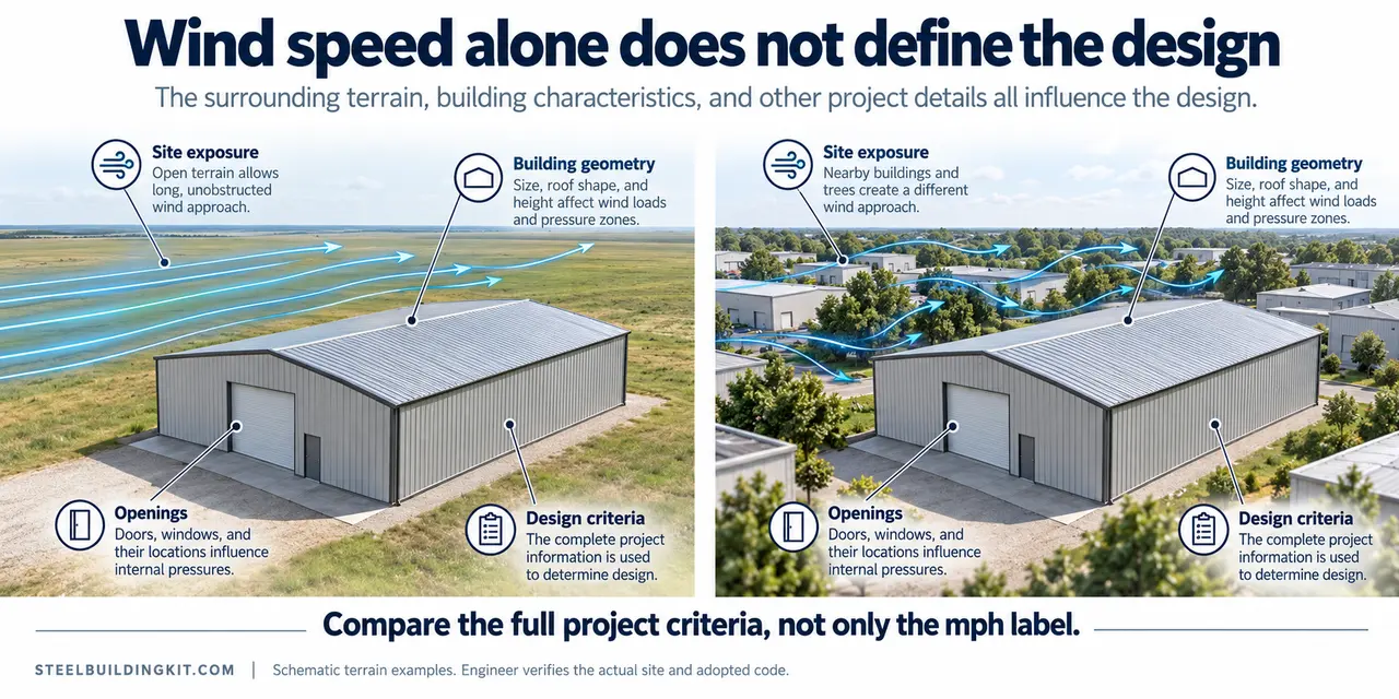 Metal Building Wind Ratings Explained: Speed, Exposure and Open Doors 1 Two similar metal buildings in open terrain and among surrounding obstructions with schematic wind approach arrows.