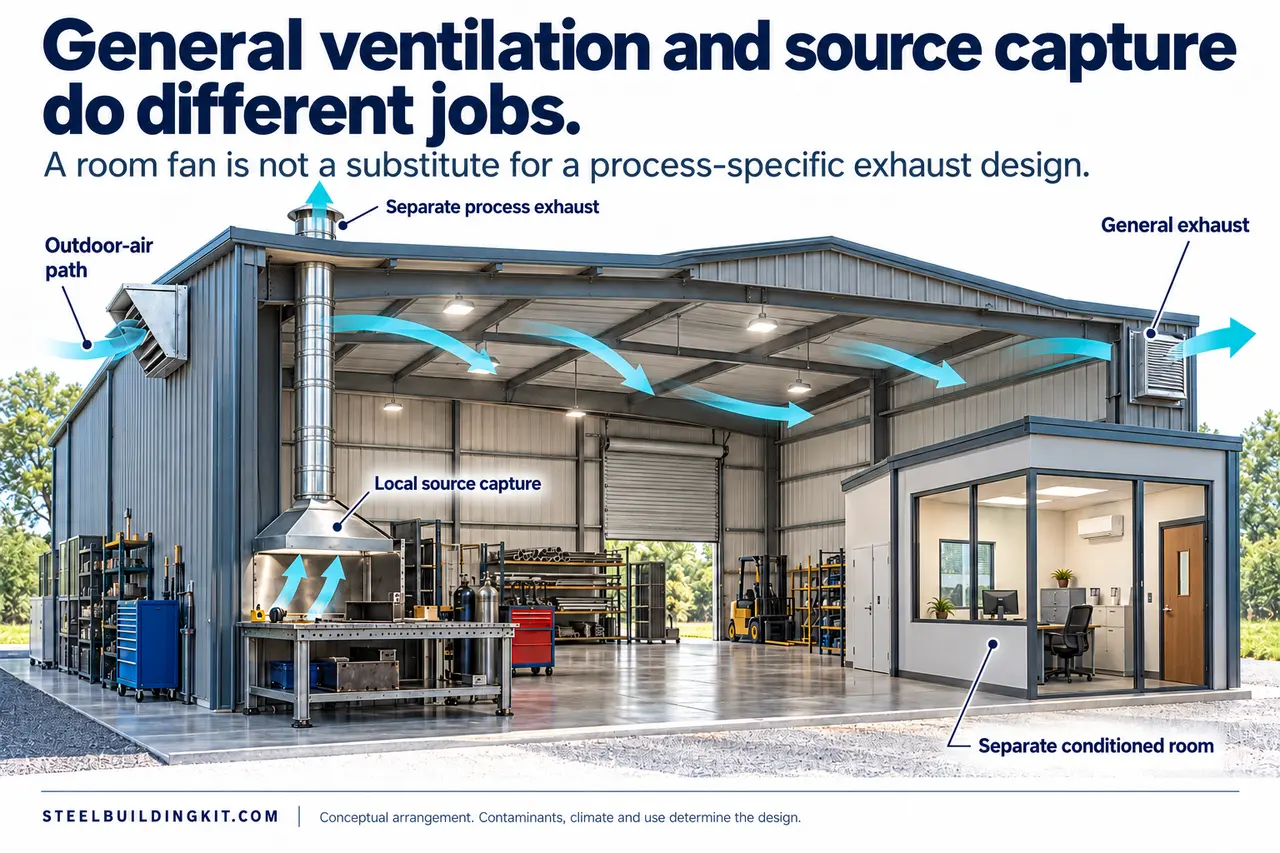 Metal Building Ventilation Design: Intake, Exhaust and Humidity 2 Metal building workshop ventilation source capture.
