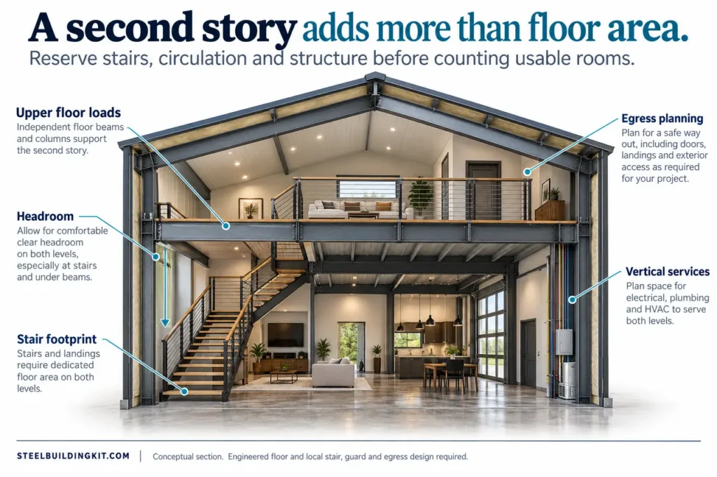 Two-Story Barndominium Plans: Stairs, Mezzanines and Usable Space 5 Two story barndominium stairs structure headroom.