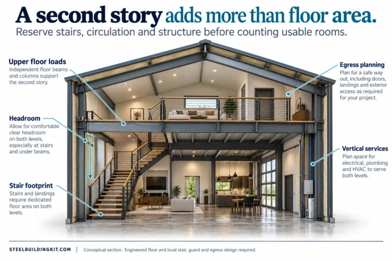 Two story barndominium stairs structure headroom.