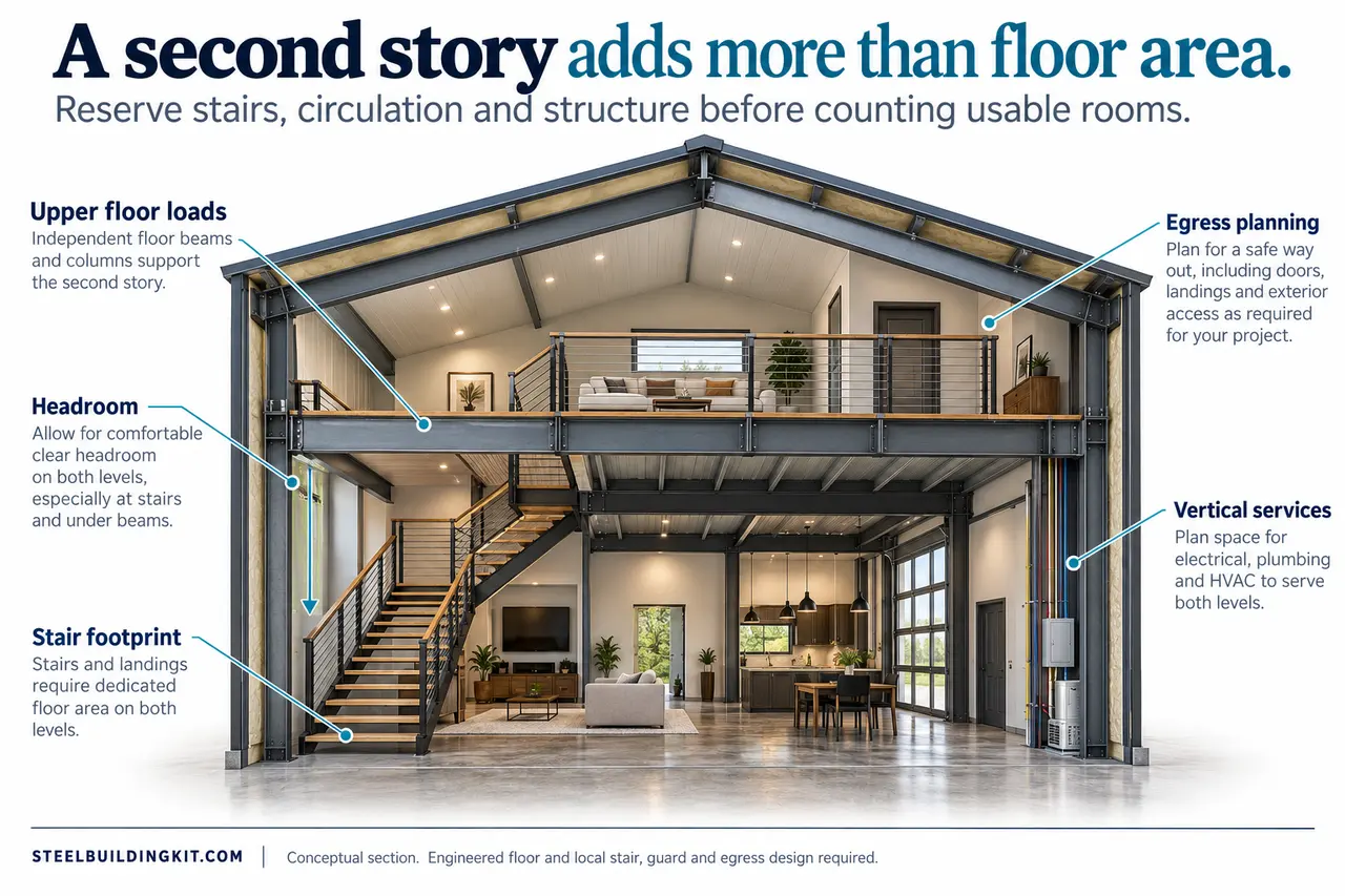 Two story barndominium stairs structure headroom.