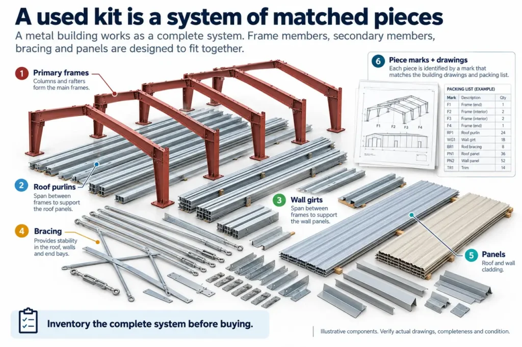 Used Metal Buildings: How to Evaluate a Kit Before Buying 6 Used metal building kit parts piece mark inventory.