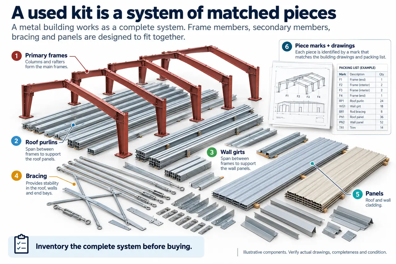 Used metal building kit parts piece mark inventory.