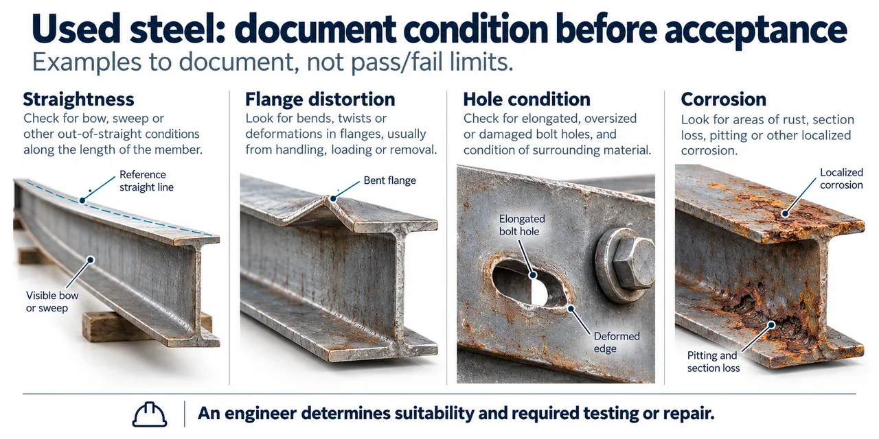 Used steel building member condition inspection.